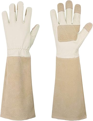 Miniatura 2 de HANDLANDY Paquete - 2 pares: guantes largos de jardinería para poda de rosas, guantes de trabajo de patio resistentes para mujer, color beige,