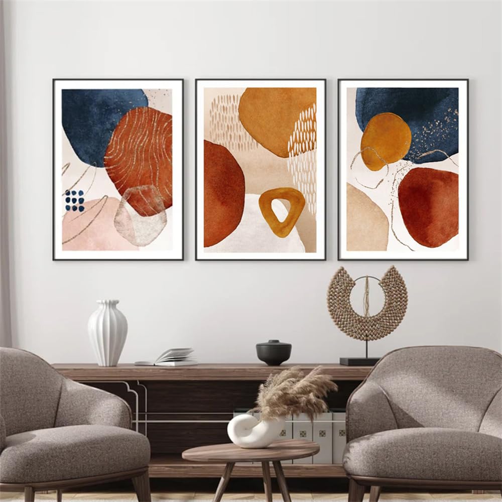 WBYZAC Canvas Printing-3 Pieces-Abstract Navy Blue Orange Blush Geometric Watercolor Art Painting Boho Canvas Prints Prints Wall Pictures Living Kitchen Office Decor-50 * 70Cm (Unframed)