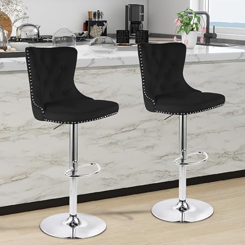 Nalupatio Velvet Swivel Bar Stools,Modern Bar Stools with High Back and Metal Footrest,Adjustable Swivel Barstools for Kitchen Island (Black, Set of 2)