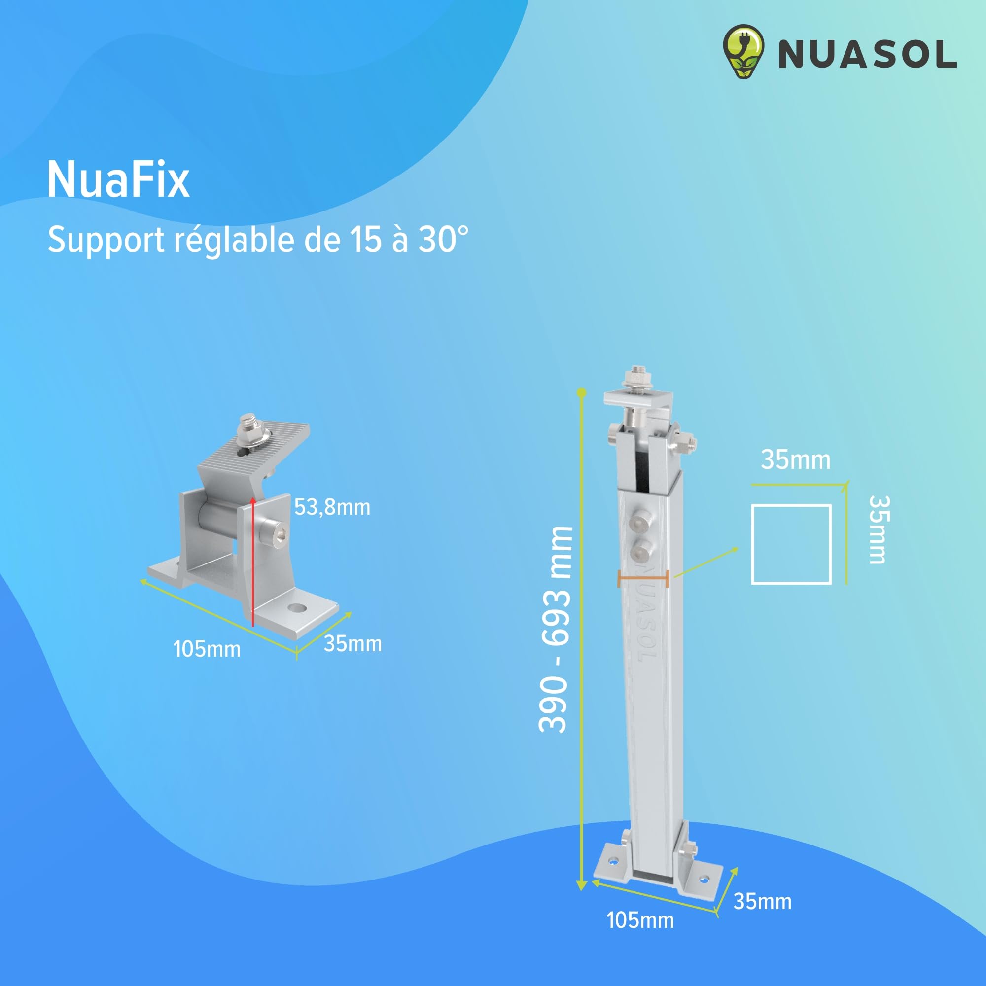 Lot de 2 supports de centrales électriques de balcon,Support de panneau solaire réglable pour installations photovoltaïques,Angle d'inclinaison 15-30°,Longueur réglable 390-693 mm, argenté
