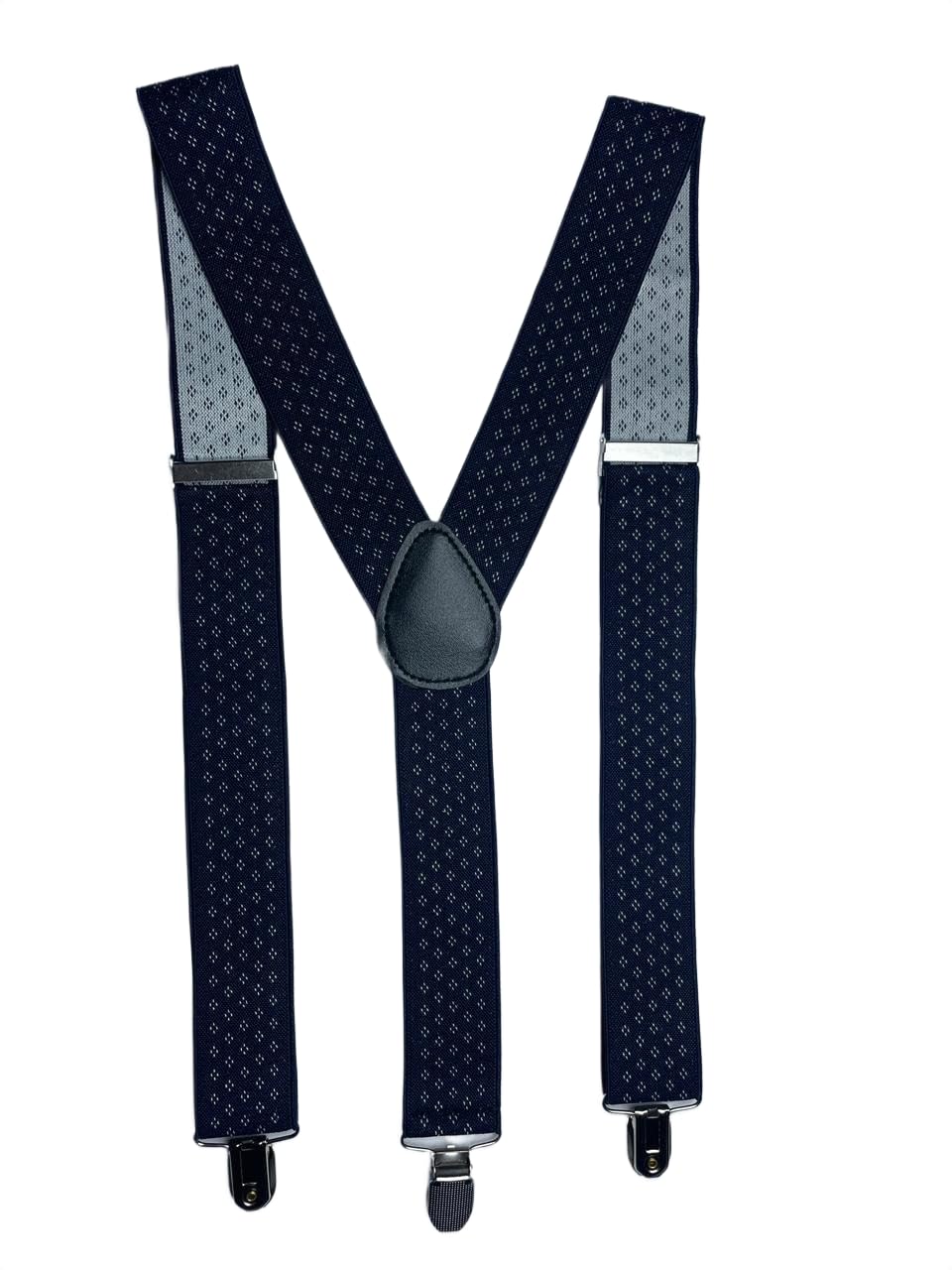 Men’s Adjustable Elastic Suspenders with Stylish Diamond Dot Pattern – Classic Y-Back Braces with Strong Metal Clips – Durable Stretch Fabric for Wedding, Business, Formal (Navy Blue with White Dots)-image-27