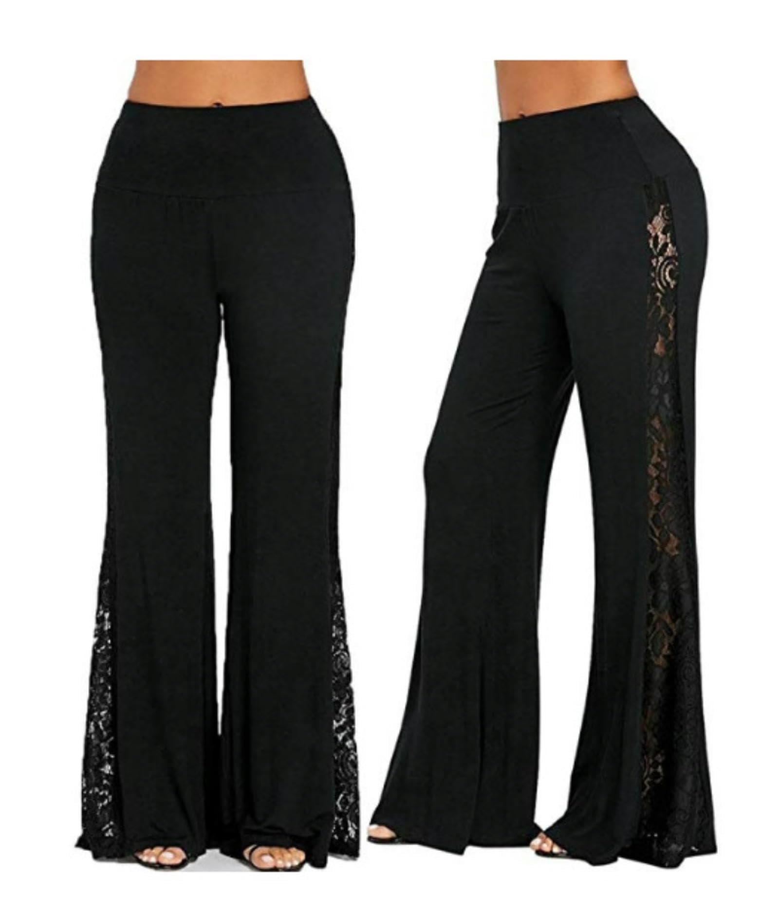 Pantaloni Svasati in Pizzo Punk Gotico Allacciati Slim Moda Fasciatura Taglia Pantaloni a Zampa d'elefante per Le Donne Pantaloni Sottili Estivi Larghi Neri Pantaloni Lunghi-Stile 1-L