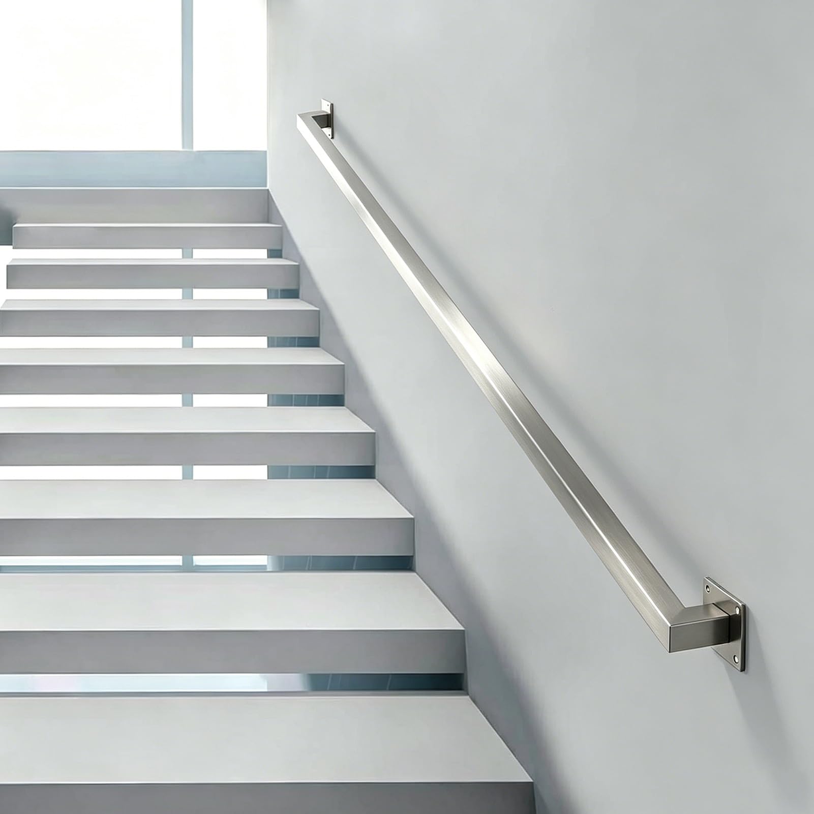 Staircase Banister Hand Rails, 60cm 1m 1.5m 2.8m 2.5m 3.9m 4.5m Safety Sturdy Grab Bars for Outdoor Indoor Steps, Metal Stainless Steel Square Tube Handrail Guardrail - Silver(16ft/4.8m)
