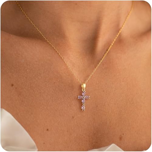 Cross Necklace for Women Dainty Birthstone Necklace 14K Gold Plated Cross Pendant Necklaces for Women Trendy Gold Jewelry Gifts