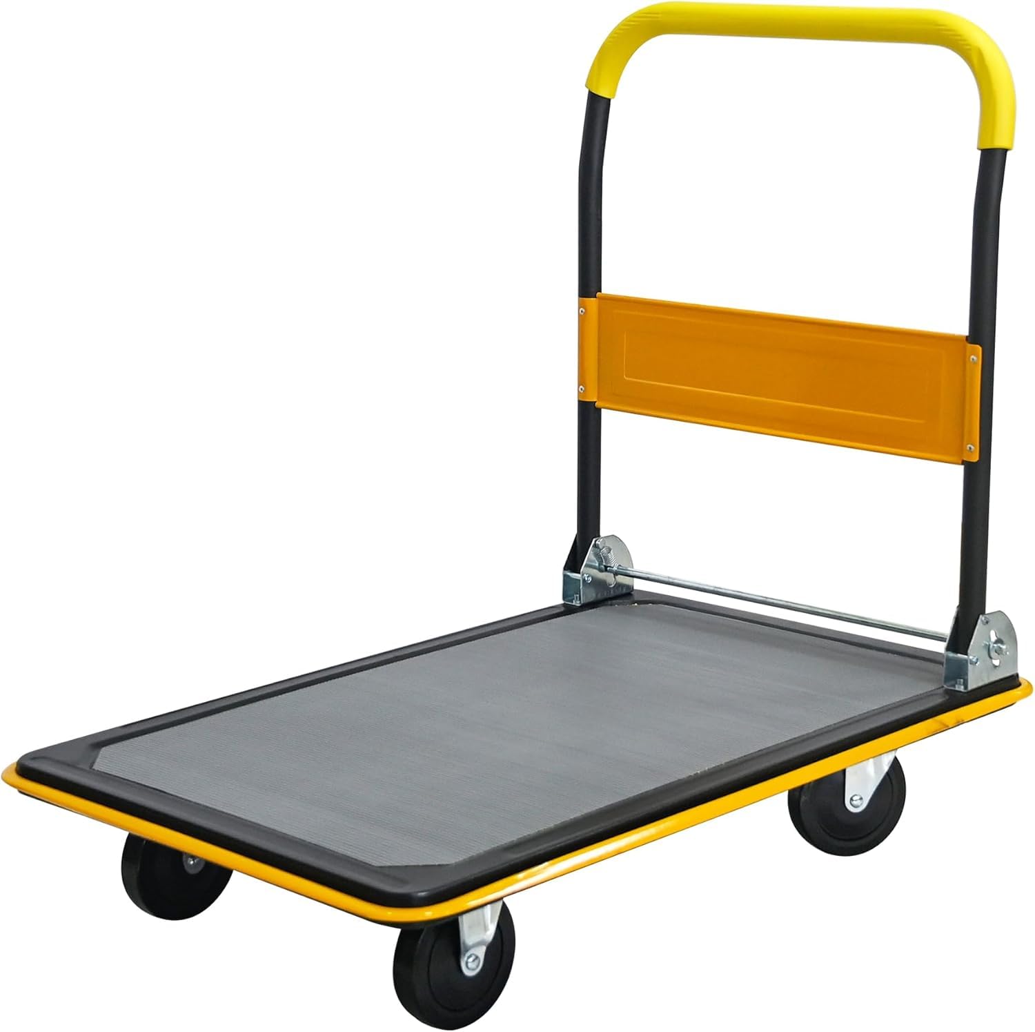Foldable Push Cart Platform Cart 330lbs Capacity, Heavy Duty Steel Platform Truck Cart, 360 Degree Swivel 4 Wheels, Small Flatbed Hand Cart (Yellow