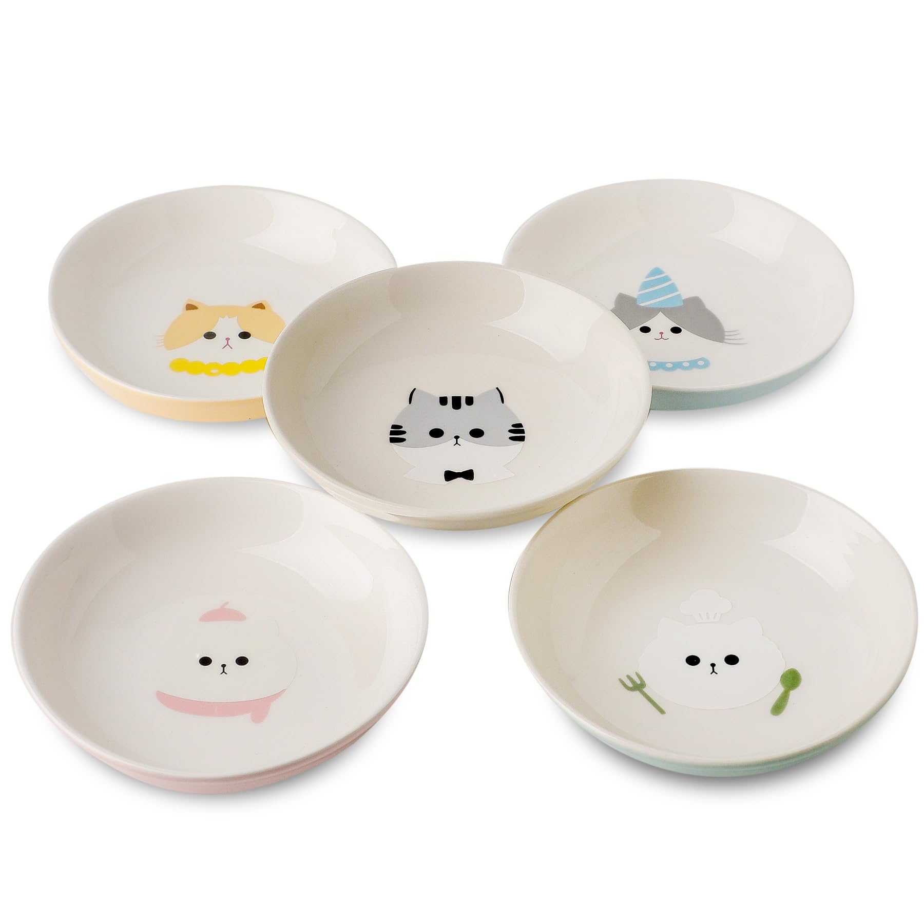 Juego de cuencos de cerámica para gatos, 5.5 pulgadas de ancho, aptos para la fatiga, 5 coloridos platos para gatos con bonito patrón de gato, platos para gatos para alimentos húmedos y secos