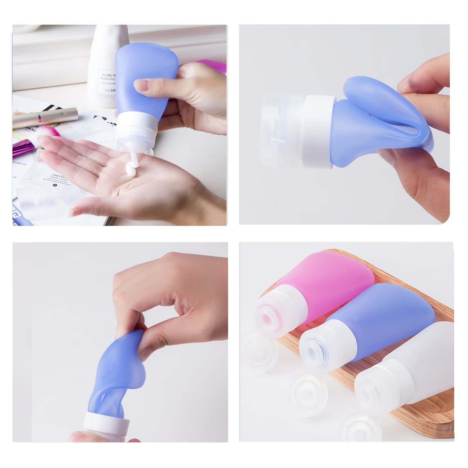 12 Stück 89ml Leer Rosa Silikon Weiche Reiseflasche Nachfüllbar Reisebehälter Tube, Kosmetik Flaschen Set für Creme, Lotion, Shampoo Spülung, Pflegeprodukten + 1 x Waschpad