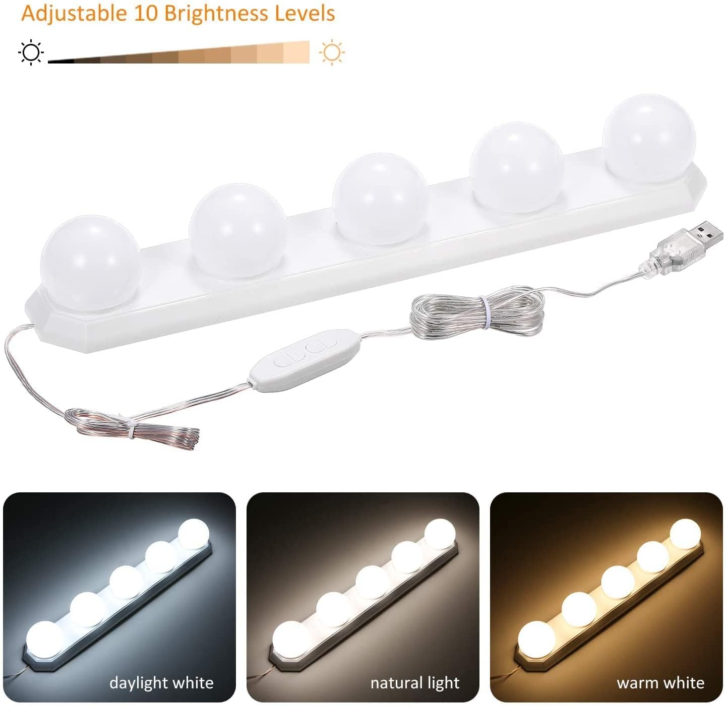 LED Luces de Espejo de tocador USB Regulable 3 Colores 10 Niveles de Brillo con 5 Bombillas Cable USB de 7.55 pies de Largo para Maquillaje DIY Lámparas de Espejo de ba?o Luces de ba?o