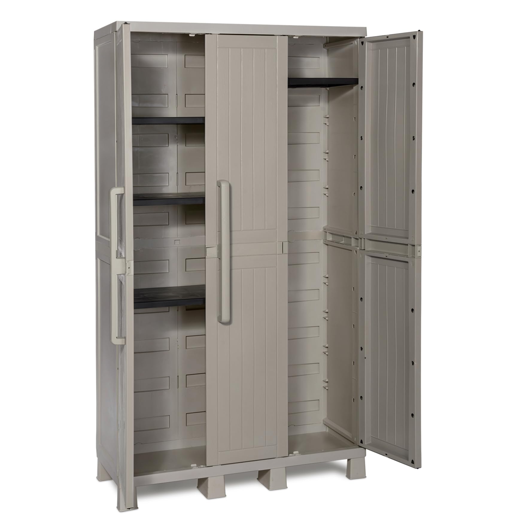 Toomax Armadio Wood Midi a 3 ante con 4 ripiani regolabili, 97x37x173h cm in plastica resistente effetto legno grigio tortora, con piedini e predisposizione per lucchetto, ideale per garage e cantine
