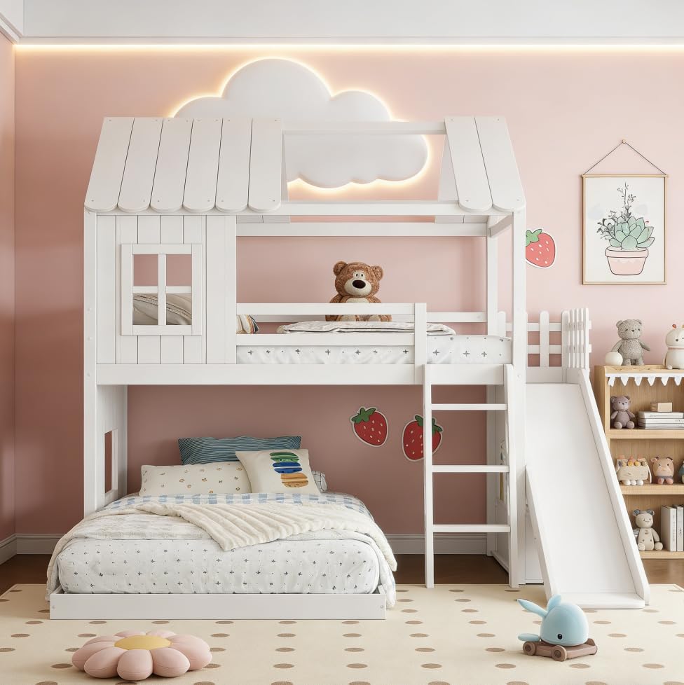 Image of Bellemave Bunk beds Twin Over Full with Slide,Ladders,Bookshelf and Wardrobe House roof Design, Low bunk /loft Bed for Kids,White