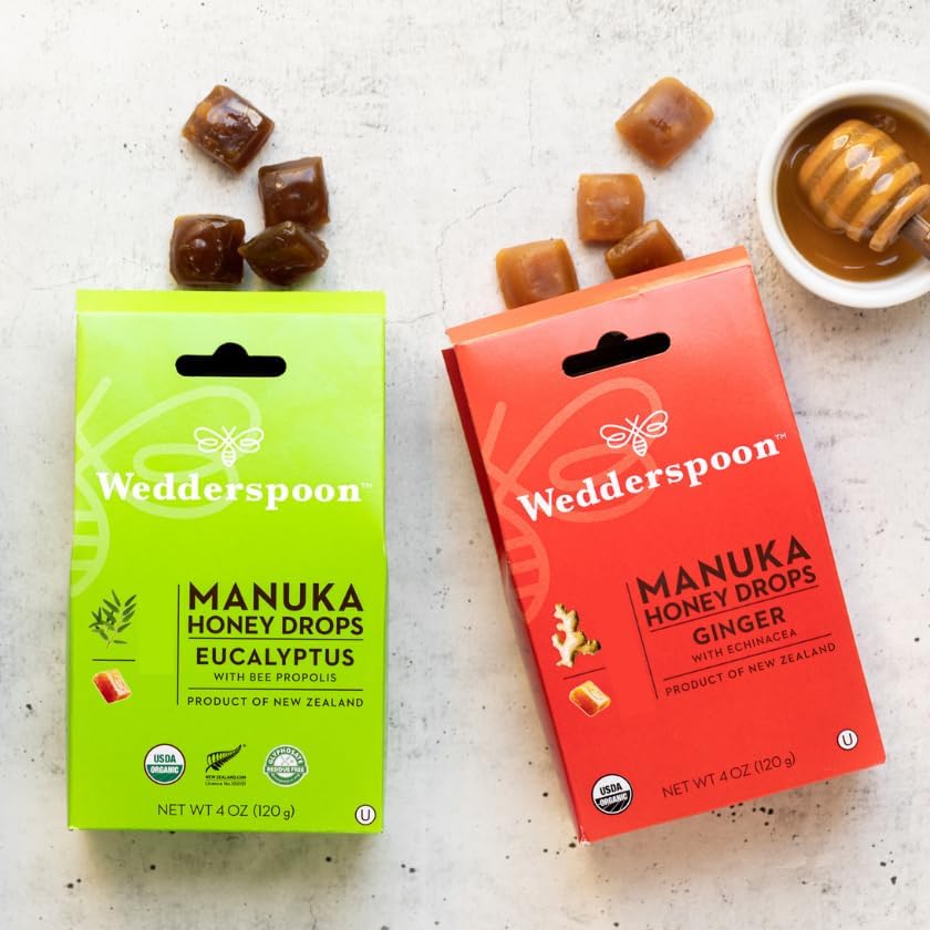 Wedderspoon Natural Manuka Honey Lozenges – Slow Dissolving – Lemon with Propolis, Ginger with Echinacea or Eucalyptus with Propolis (40 Drops, 1 x Ginger, 1 x Eucalyptus)