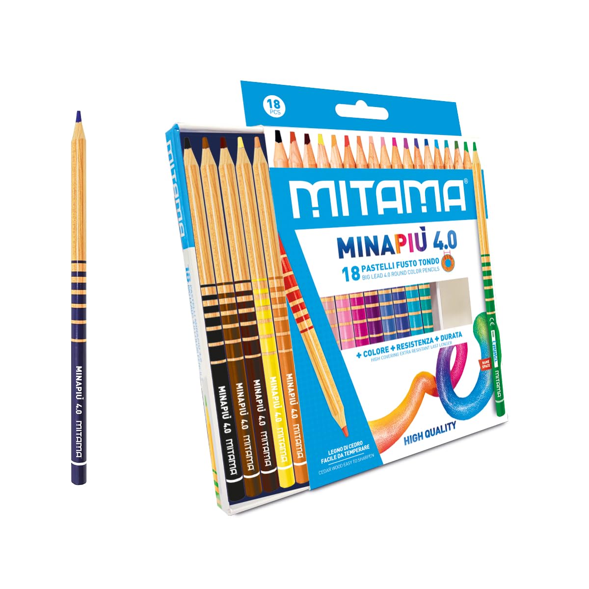 Mitama - Pastelli MINAPIU 4.0 - Confezione da 18 pastelli - Mina grande 4 mm resistente - diametro 7,5 mm - Spazio per il nome - Colori Scuola - Pastelli Astuccio Scuola