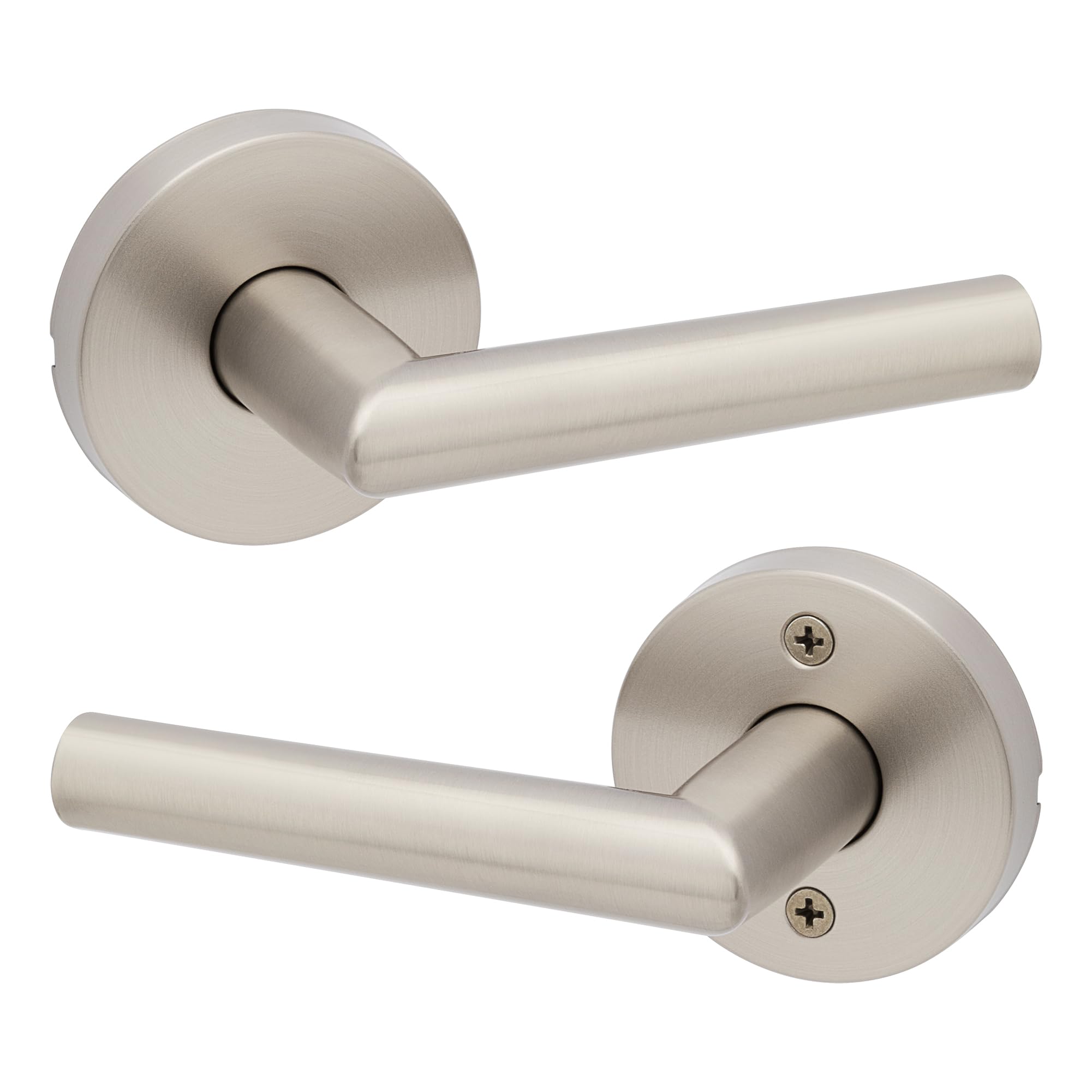 Kwikset Milan Interior Passage Door Handle, Lever For Closet and Hallway Doors, Reversible Non-Locking Handle Lever, Satin Nickel