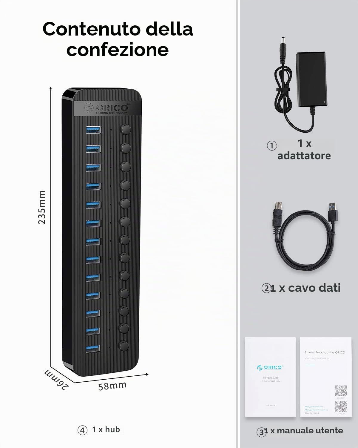ORICO HUB USB 3.0 Attivo 13 Portes Alimentato 60W Alimentazione 12V / 5A con Alluminio Interruttore ON/OFF Individuale per Computer Desktop, PC, iMac, HDD Mobile, Unità Flash, Ricarica IiPad
