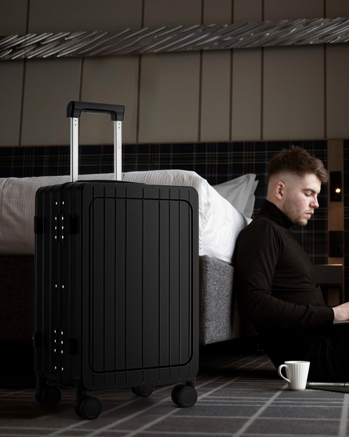 Sea choice Valise Rigide PC Légère avec Compartiment pour Ordinateur Portable Bagage à Main Trolley avec 4 roulettes Doubles Pivotantes et Serrure TSA Chargement USB, Porte-gobelet