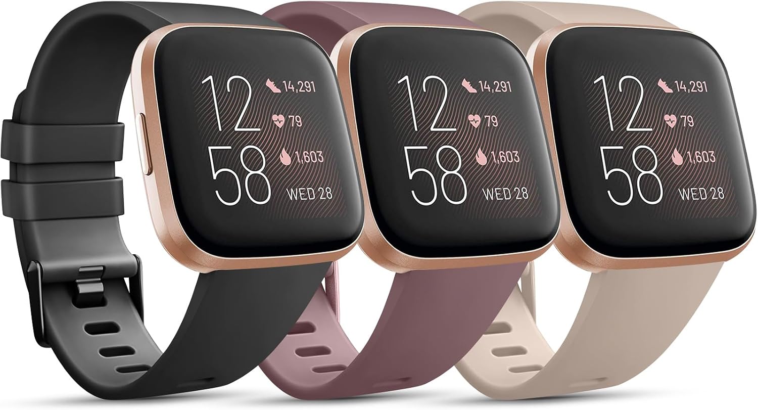 PACK 3 Soft Silicone Bands Compatible for Fitbit Versa 2 / Fitbit Versa/Fitbit Versa Lite Adjustable Sport Bands for Women Men Small Large (Black+Blue+Grey, Small)