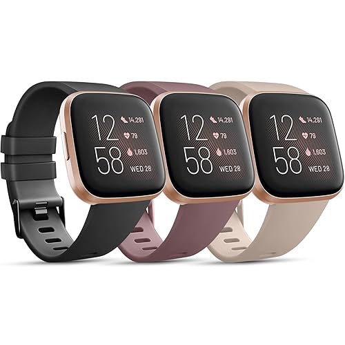PACK 3 Soft Silicone Bands Compatible for Fitbit Versa Adjustable Sport Bands for Women Men Small Large (Black+SmokeViolet+MilkTea, Small)