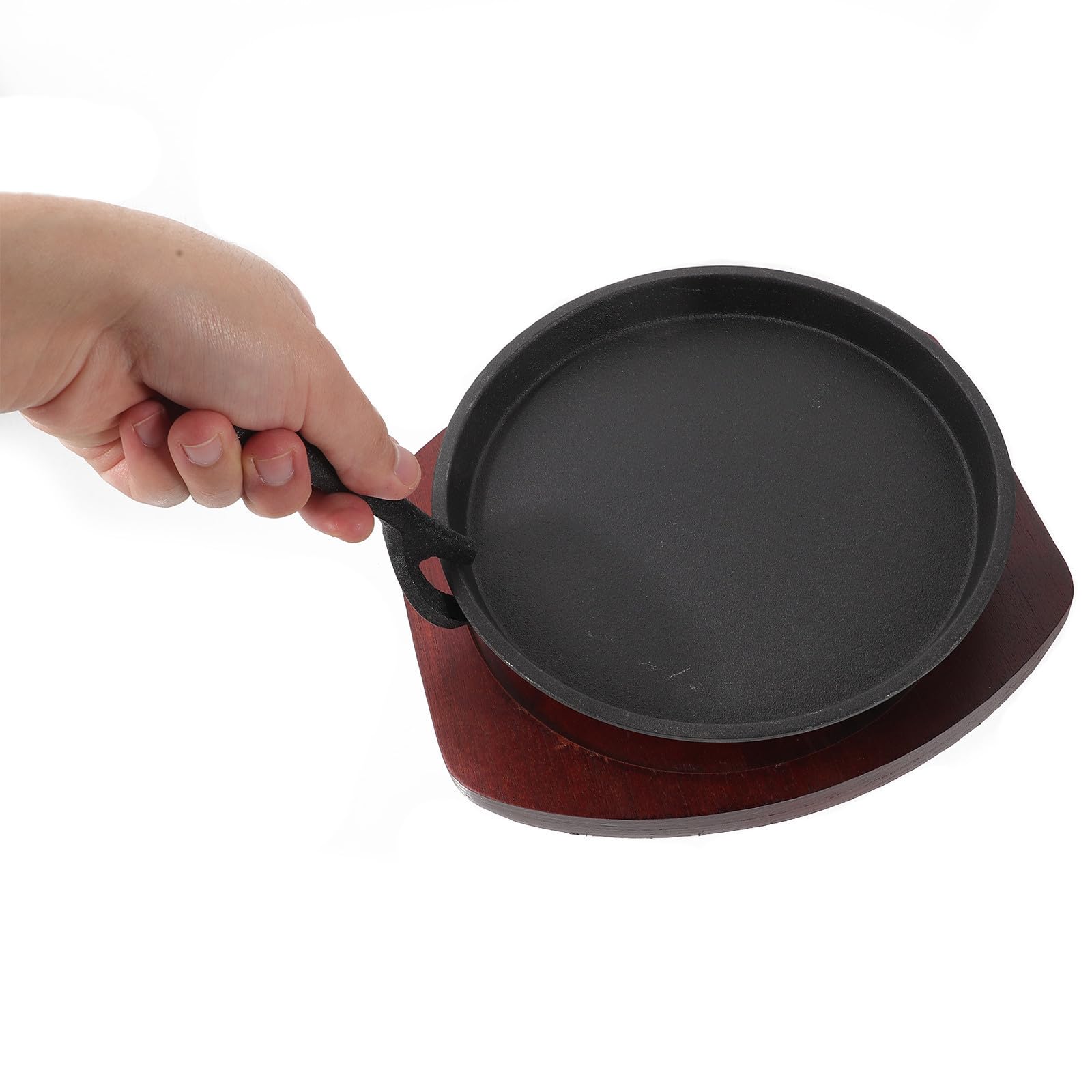 Assiette à Steak en Fer Épais Ronde 1 Set avec Base en Bois | Plat de Service Usage Maison Couleur Aléatoire Conserve la Chaleur Finition Antiadhésive pour Restaurant