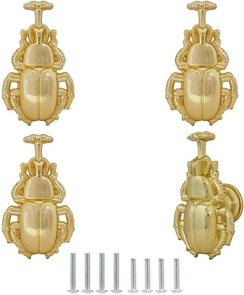 Vintage Insect Cabinet Knobs, Decorative Gold Zinc Metal Beetle Shape Knobs Pulls Handles for Door Drawer Cupboard Closet, Antique Dresser Knob Kitchen Hardware Furniture Handle 4Pcs (Gold)