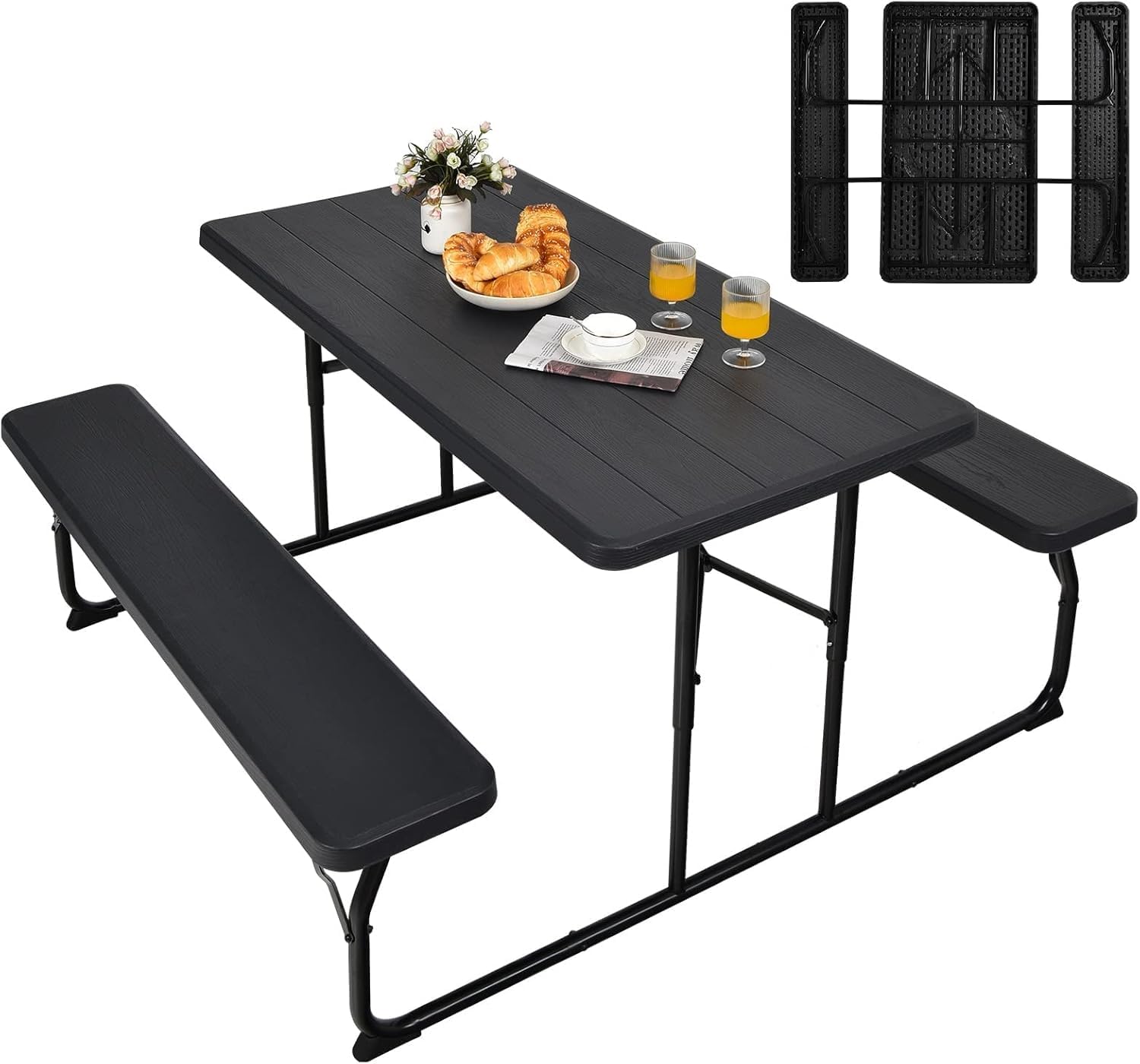 S AFSTAR Folding Picnic Table Bench Set, Foldable Picnic Table with 2 Benches, Outdoor Table and Bench W/Steel Frame & Wood-Like Texture Tabletop, Camping Table Chair Set for Garden Patio Lawn (Black)
