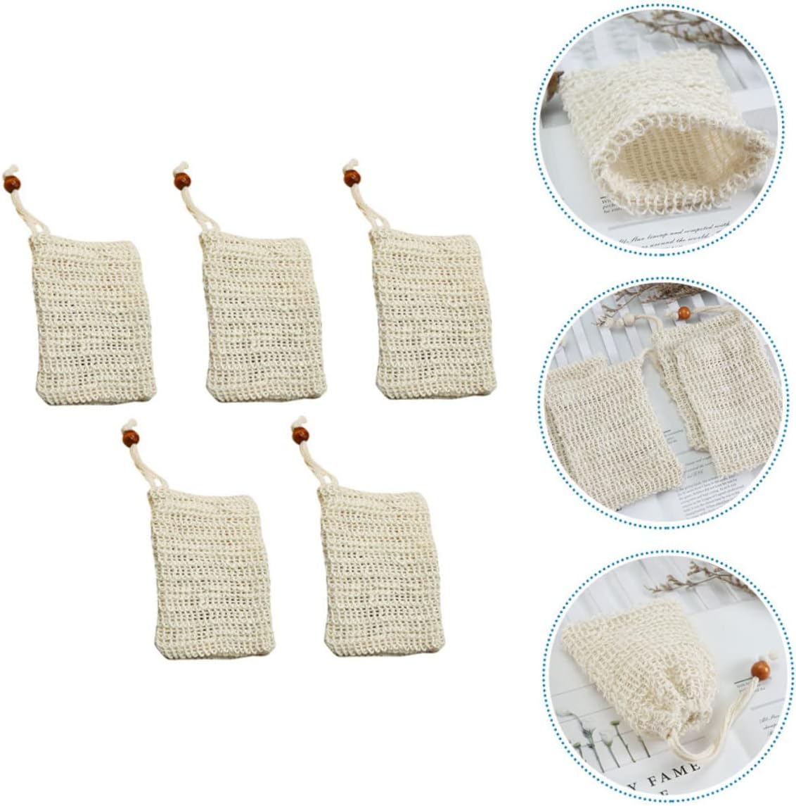 5pcs Sisal Soap Net Pouches with Drawstring for Bathroom Use