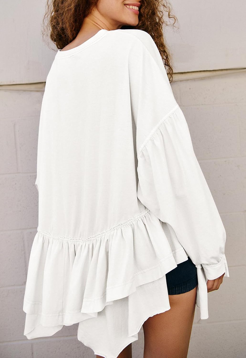 Womens Long Sleeve Oversized Tshirts Flowy Peplum Top Loose Fit Tunics Tops to Wear With Leggings Workout Shirts White - Image 3