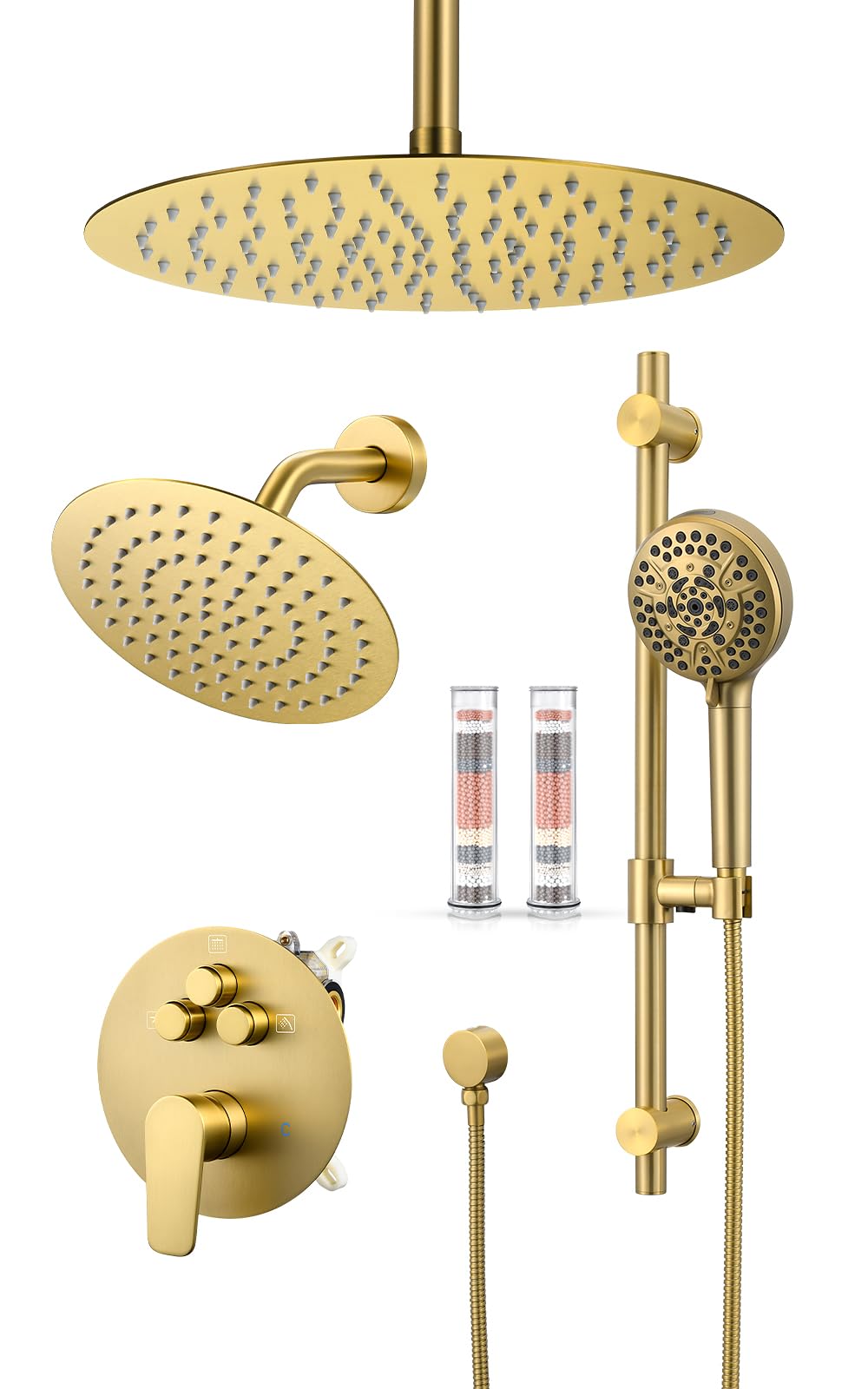 Woindo Shower Faucet Set with Slide Bar, 12" Rain Shower Head/8'' Side Shower Head and 10 Setting Handheld Ceiling Mount 3 Push Button Diverter Complete Rainfall Shower System Included Valve Trim Kit