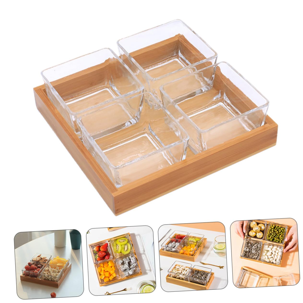 Zerodeko Plateaux de Service en Verre Divisé pour Fruits Secs et Noix Support en Bois, Design Solide et Multifonction pour Collations et Apéritifs Couleur Aléatoire