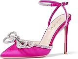 Zhabtuc Damen Stiletto High Heels mit Strass Schleife Sexy Spitz Geschlossen Zehen Bowknot Satin Pumps mit Stiletto Absatz Elegante KnÃ¶chelriemen High Heel Sandalen fÃ¼r Party Hochzeit Braut Abendkleid HeiÃŸes Rosa 41 EU