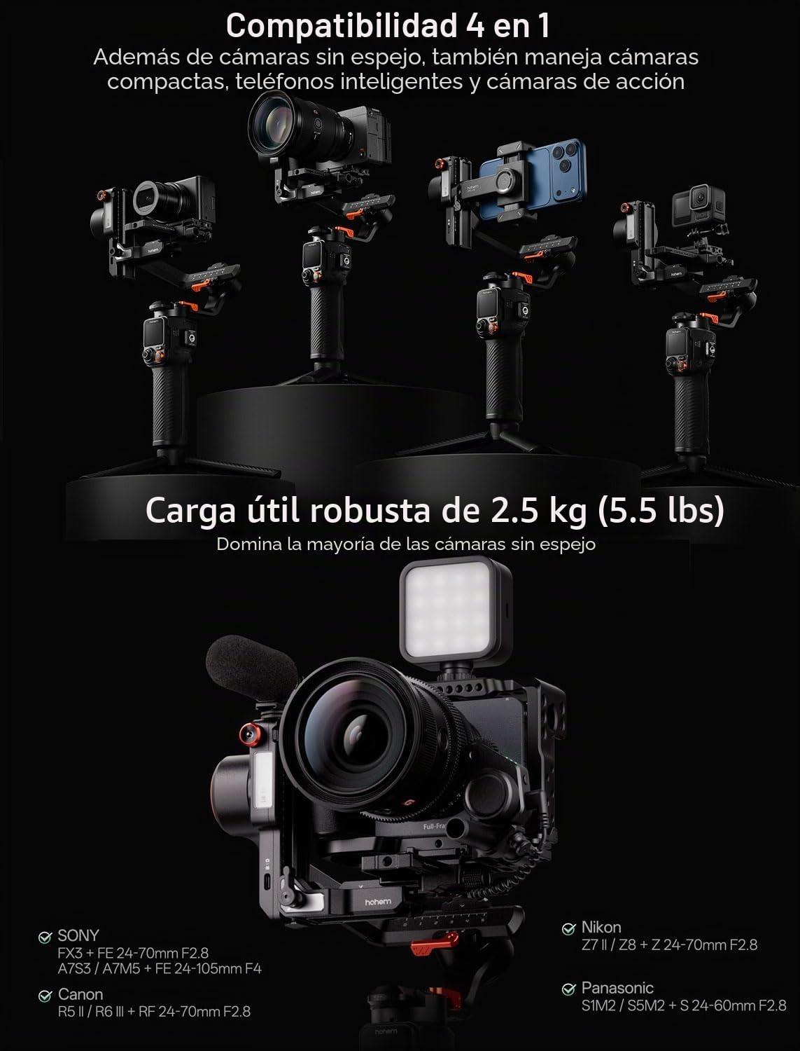 Hohem iSteady MT3 Pro - Estabilizador de cámara 4 en 1 con rastreador de IA, controles de pantalla táctil desmontables, luz de relleno, cardán de 3 ejes para cámaras de acción y teléfonos inteligentes