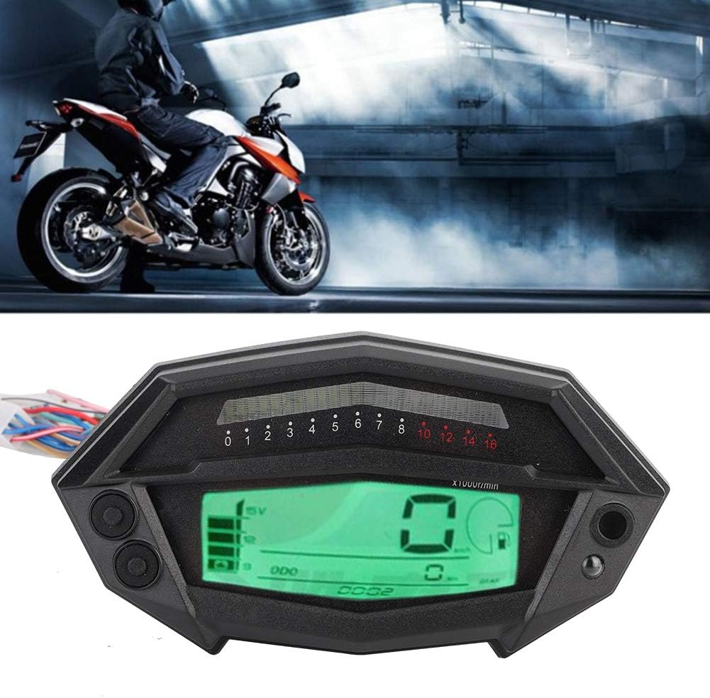 Ejoyous Digital Tachometer Speedometer mounted on a motorcycle dashboard