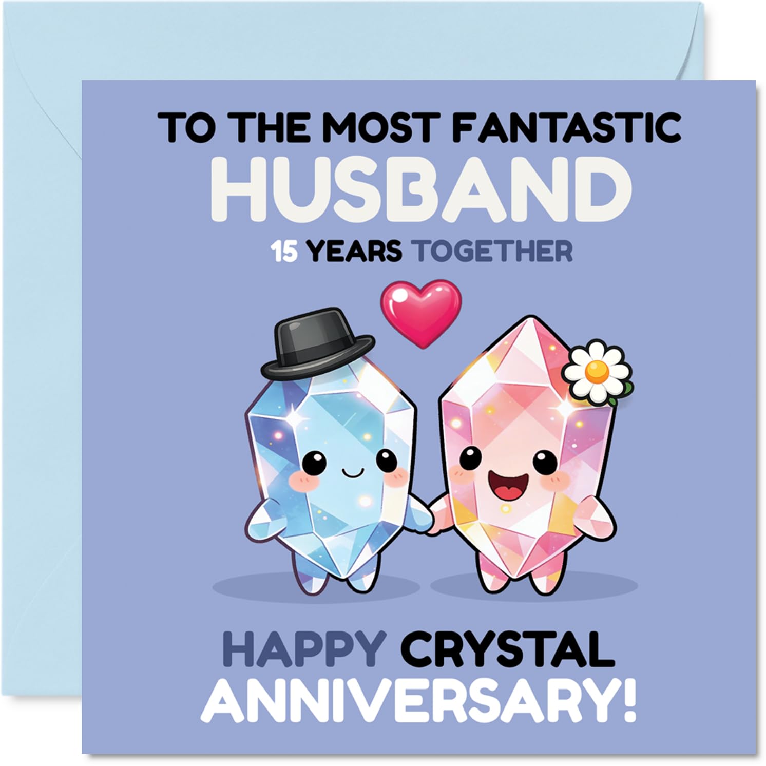 Playful 15th Anniversary Card for Husband - Crystal Clear Love - Cute Crystal Characters Celebrating 15 Years Together - 145mm Square, Envelope Included