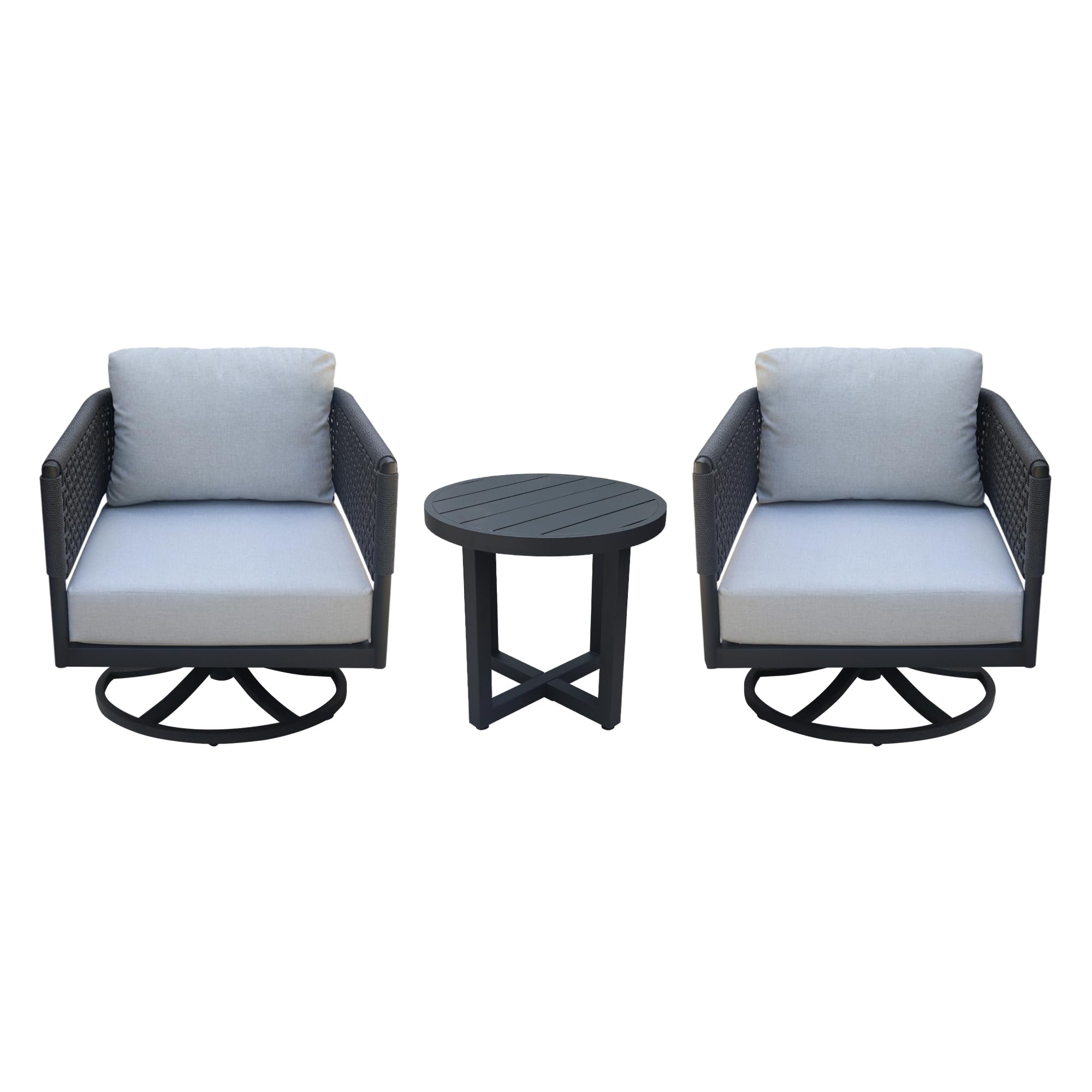 Juego de muebles de patio de cuerda de abaca tejida de 3 piezas para exteriores con una mesa auxiliar y 2 sillas mecedoras giratorias, marco de aluminio con recubrimiento en