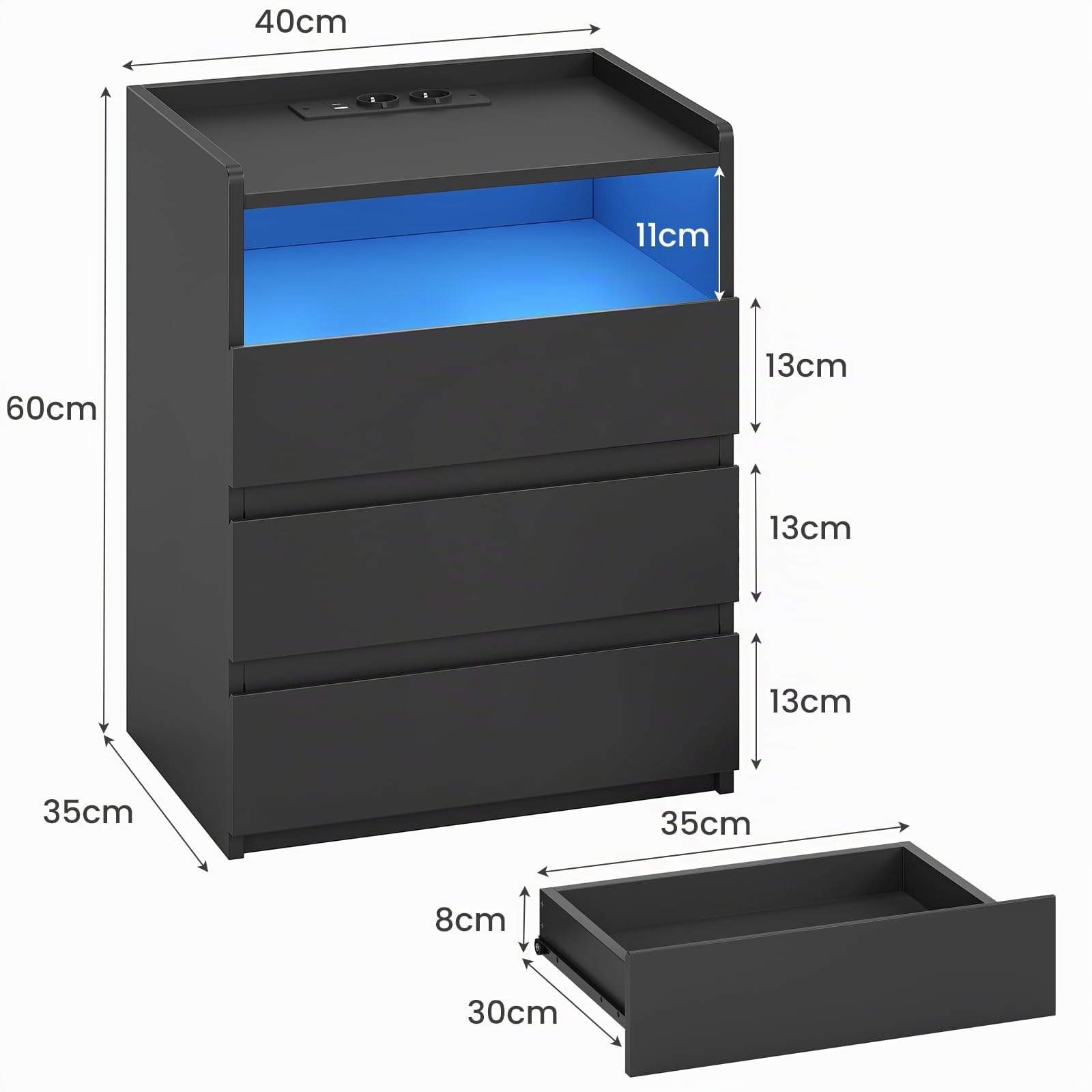AOGLLATI Table de Chevet avec 2 Rubans LED et Multiprise,3 Tiroirs et 1 Compartiment Ouvert, pour Salon et Chambre, Table de Nuit Noire