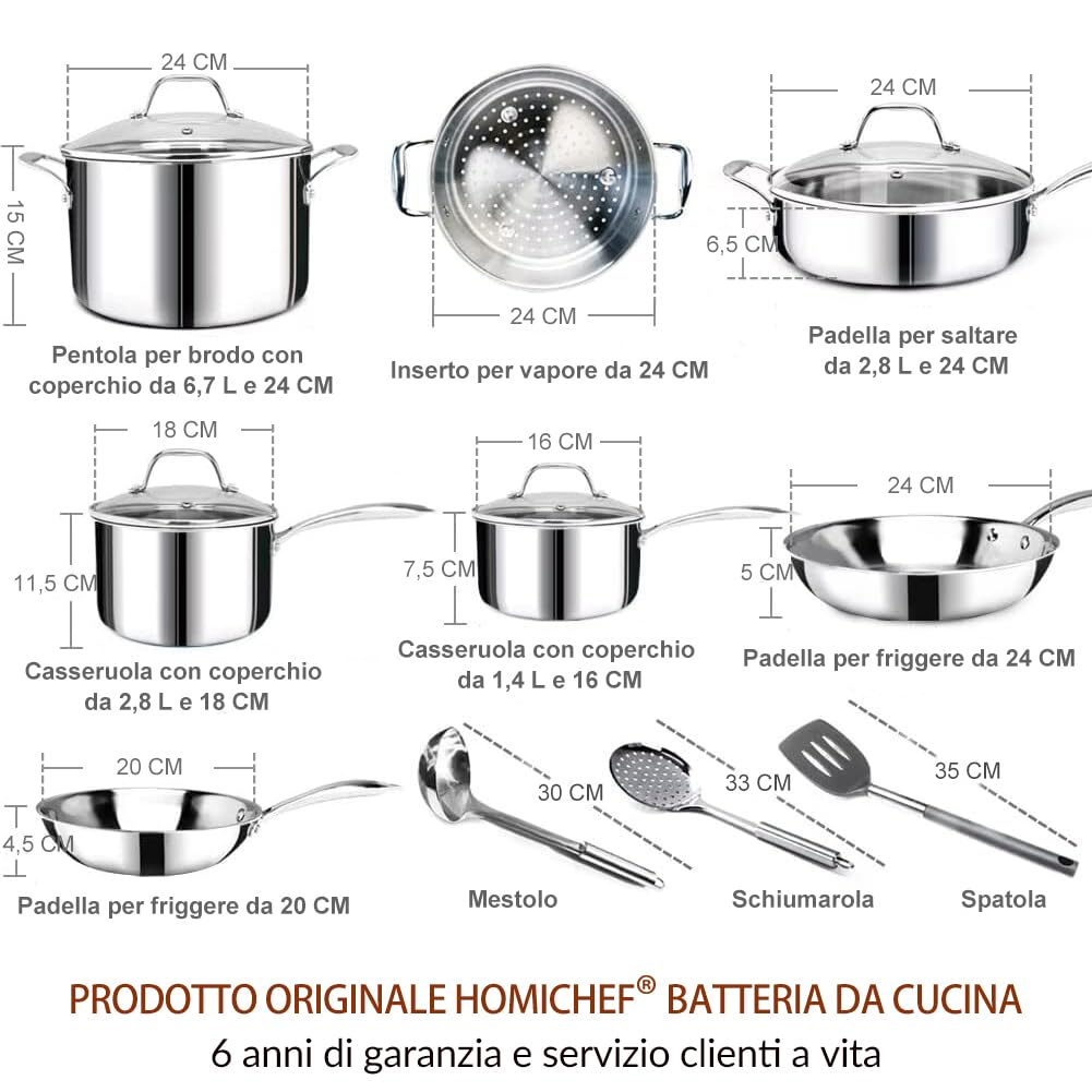 HOMICHEF 14 pezzi set di pentole in acciaio inox senza nichel, rivestito in 3 strati - Set di pentole e padelle lucidate a specchio - Pentole salutari con vaporiera - Pentole a induzione atossiche