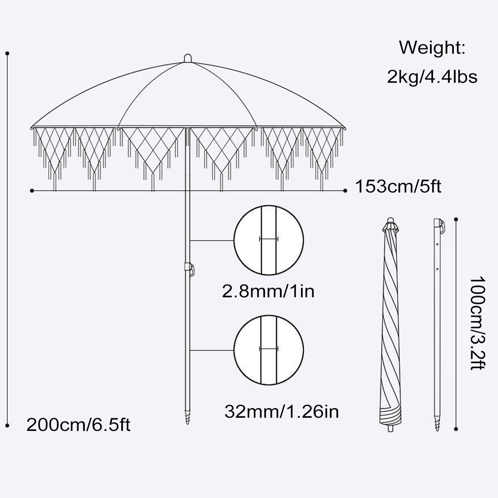 180cm Uchylny Parasol Plażowy Boho z Frędzlami, Parasol Ogrodowy z 8 żEber Ochrona Przed, na Patio, Taras, Basen