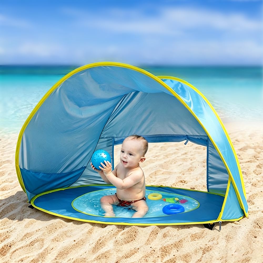 Tenda da Spiaggia Bambini, Tenda Spiaggia con Protezione UV 50, Parasole da Spiaggia con Mini-Piscina, Borsa per il Trasporto e Picchetti, Finestra con Cerniera