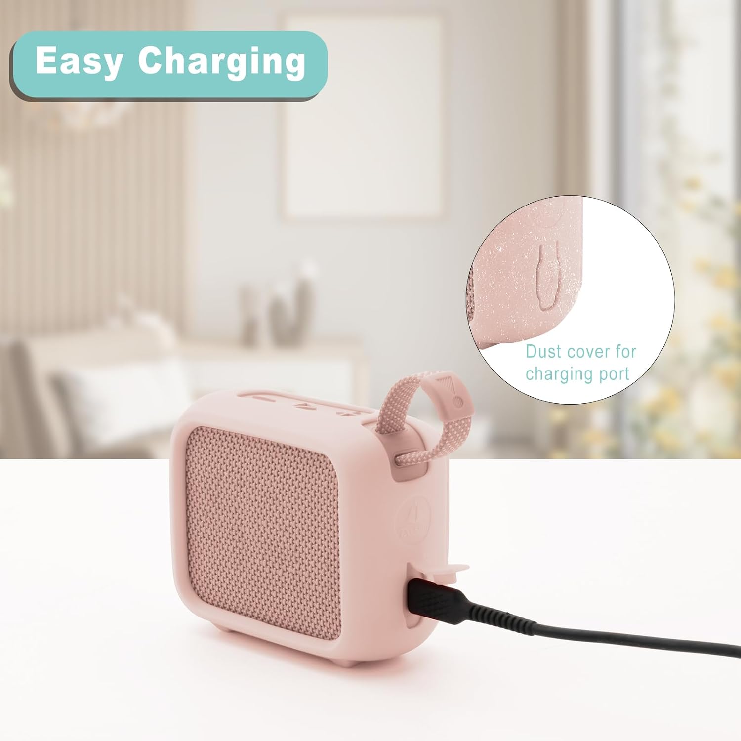 TXEsign Silicone Case for JBL Go 4, Go 4 Protective Cover, Travel Carrying Pouch w Anti-Dust Charging Cover Speaker Mount Strap (Pink) - Image 4