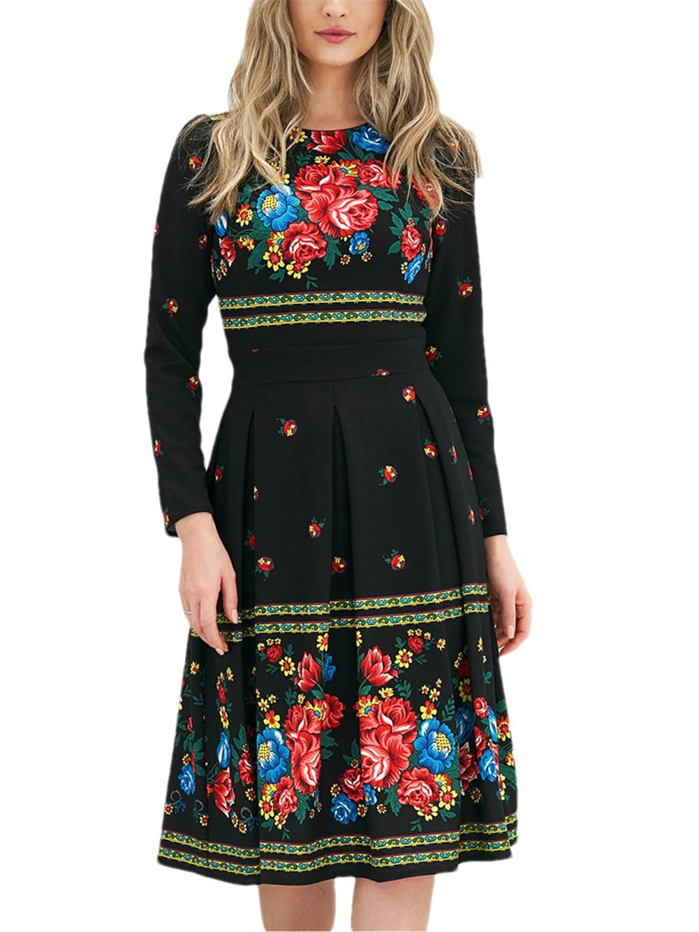 Youllyuu Vestidos de trabajo ajustados con cuello redondo y manga larga con estampado floral para mujer, vestidos casuales midi