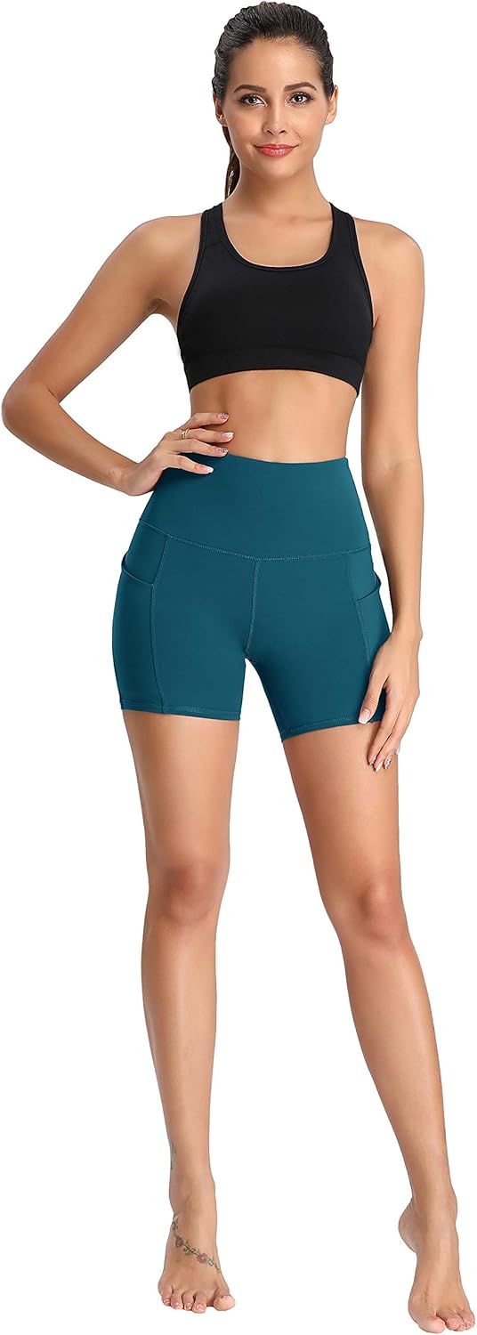Oalka Women's Short Yoga Side Pockets High Waist Workout Running Sports Shorts 4" - Image 3