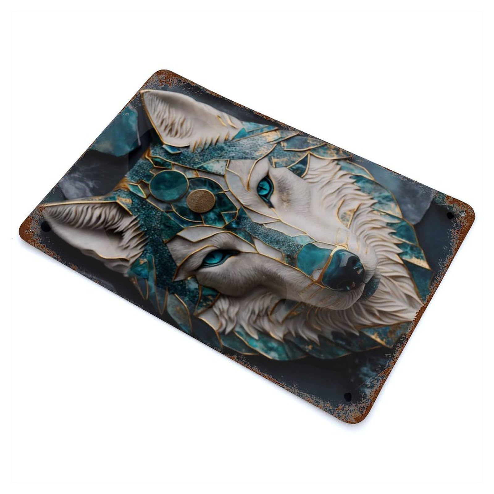 Abstract Wolf Kintsugi Art Rusty Metal Tin Sign 11.8"x7.9", Rustic Home Decor for Living Room, Hallway And Home Decor