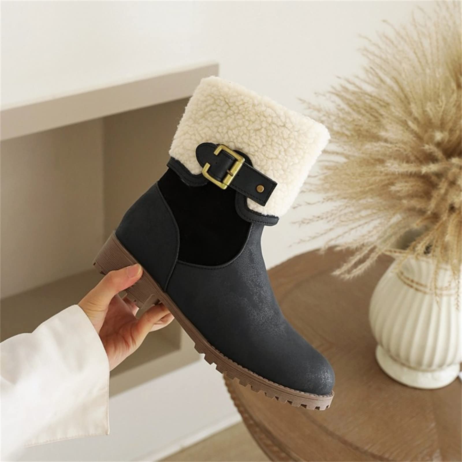 Stivali di Cotone con Tacco Spesso con Cerniera Laterale in Peluche con Fibbia per Cintura in Pelle Tinta Unita da Donna Stivali in Gomma Donna Stivali da Lavoro