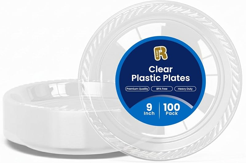 R-kay 100 Pack 9 Inch Clear Plastic Plates Disposable - Heavy Duty 9 Inch Clear Plates For Party - Microwavable Clear Disposable Plates