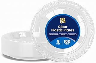 R-kay 100 Pack 9 Inch Clear Plastic Plates Disposable - Heavy Duty 9 Inch Clear Plates For Party - Microwavable Clear Disposable Plates