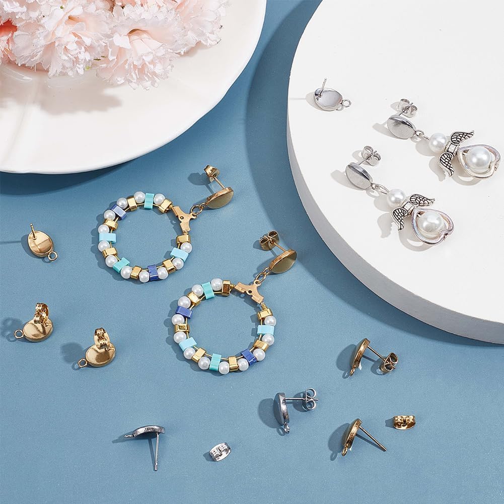 Beebeecraft 60Pcs 2 Colors Oval Stud Earring Findings 18K Gold Plated Earring Post 304 Stainless Steel Stud with Loop Ear Back for Jewelry Making DIY