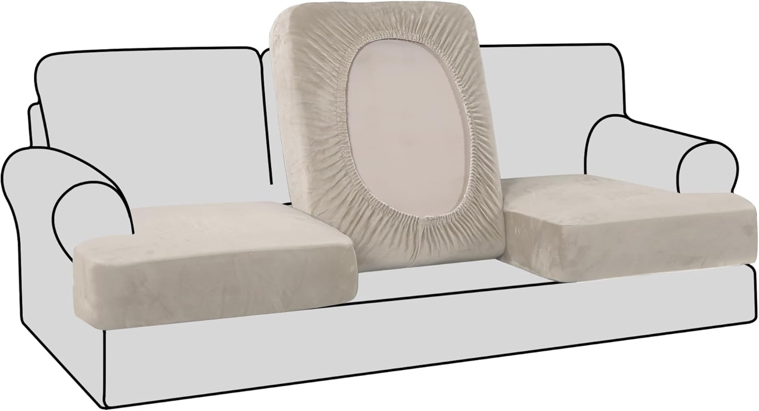 H.VERSAILTEX Stretch Velvet 3 Piece T Cushion Sofa Slipcovers for Living Room Individually Sofa Covers for 3 Seat Cushion Covers Stay with Elastic Bands (Sofa, French Oak) 3 Cushion Sofa French Oak