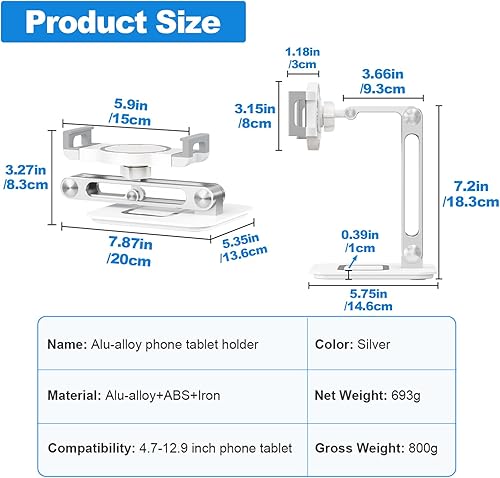 Miniatura 6 de Soporte para tableta, soporte para teléfono, altura y ángulo ajustable de aluminio plegable, adecuado para uso de escritorio, compatible con