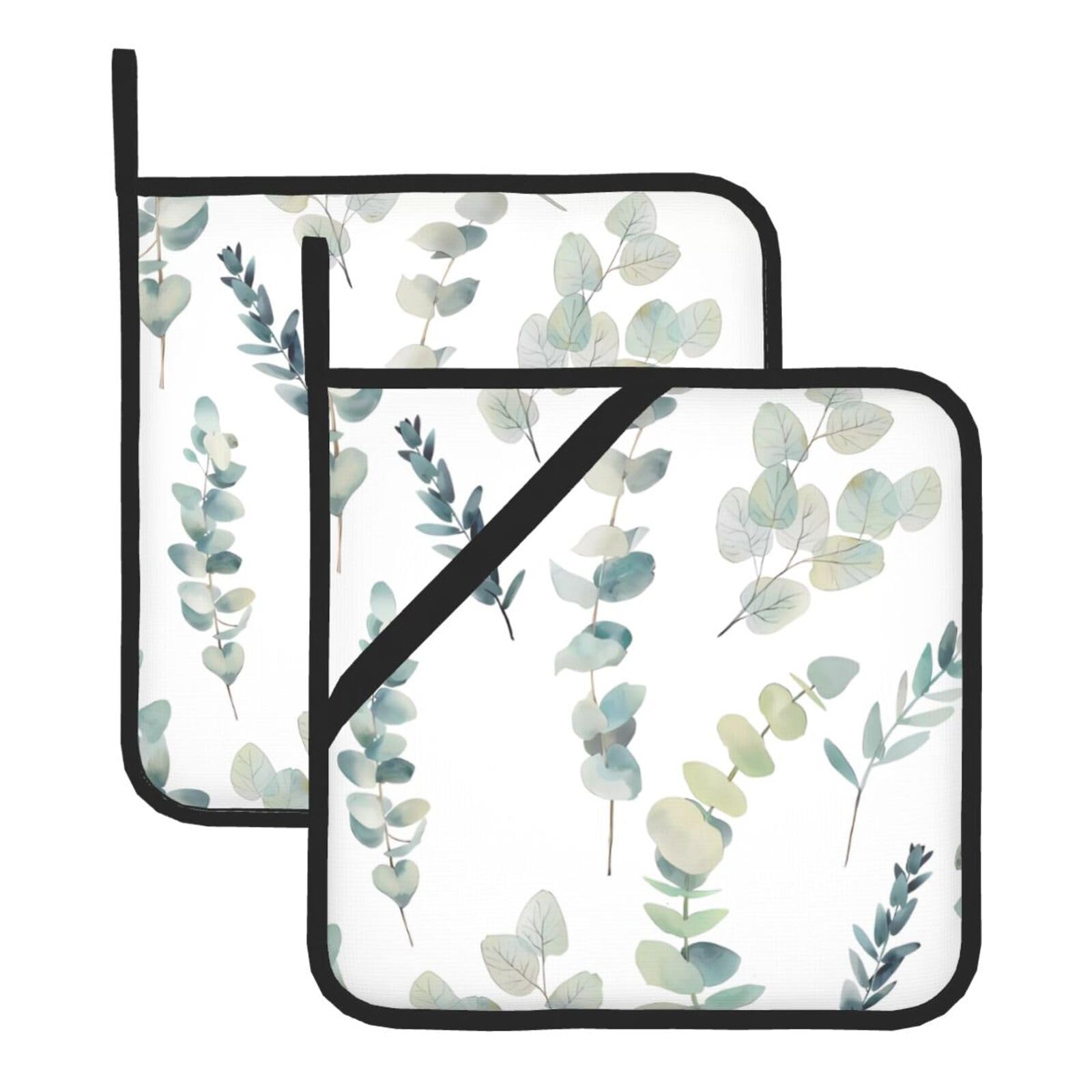 WHJSHOP Eucalyptus Leaves Prints Square Hot Pads for Kitchen - Waterproof Pot Covers with Hanging Loops - Thick Heat Resistant Trivets for Serving & BBQ, 2-Piece Set