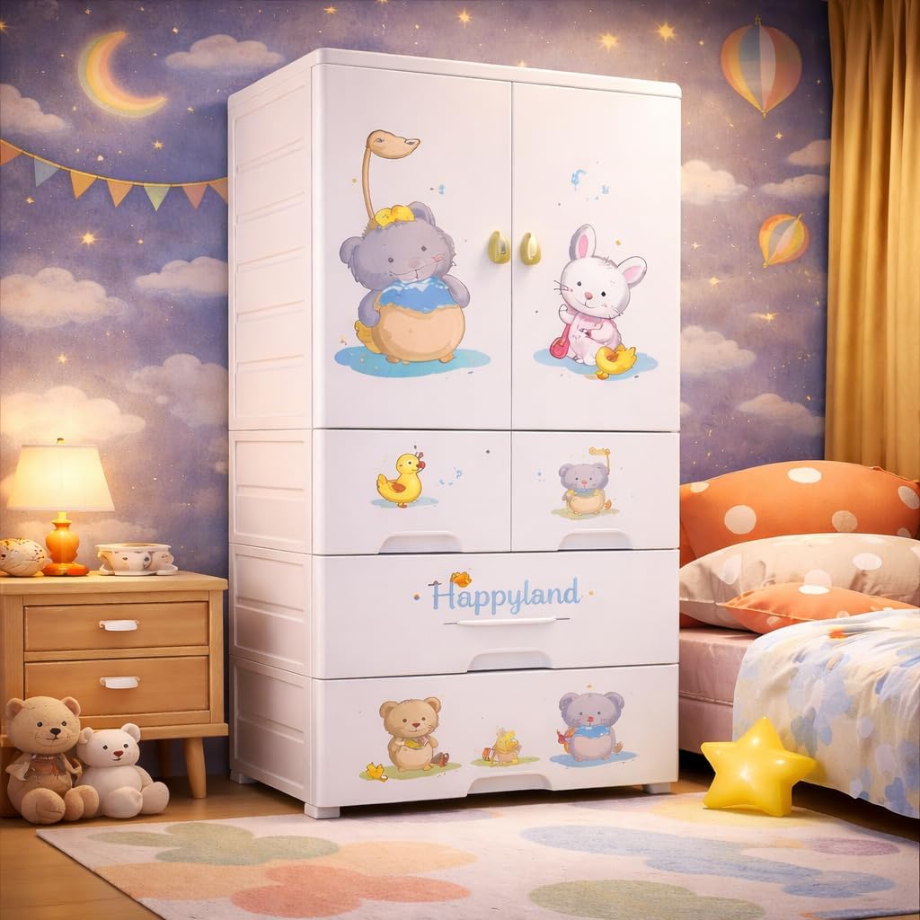 Mevigo 4- Door Plastic Wardrobe for Kids| Almirah and Wardrobe for Baby Clothes| Modular Storage Cabinet with Wheel Organizer for Cupboard Rack