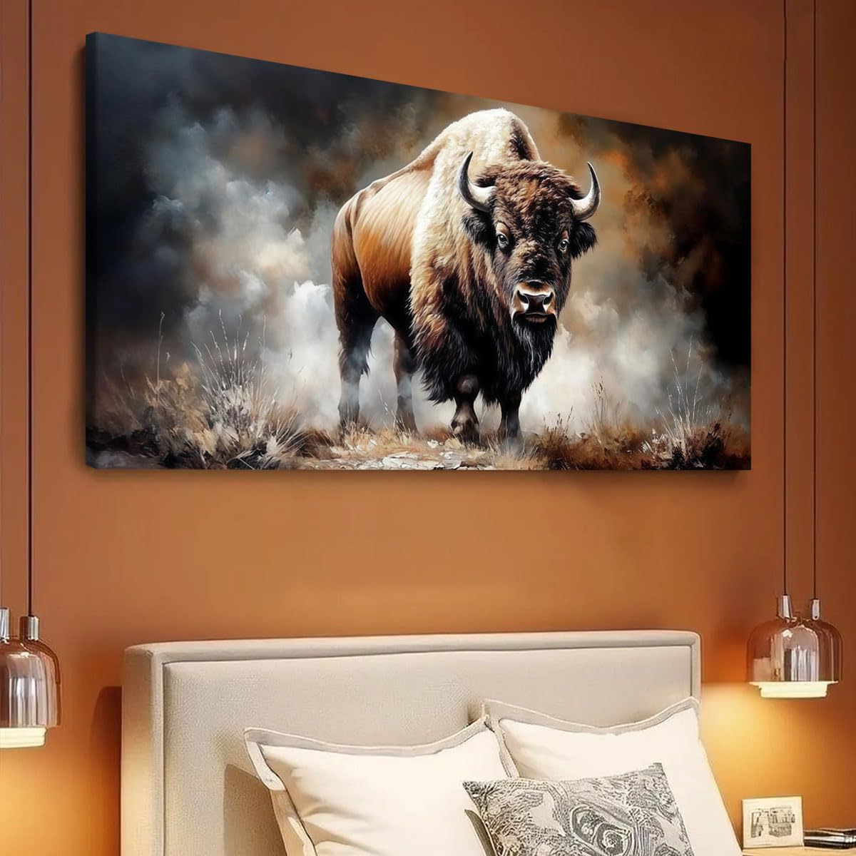 Obraz ścienny z motywem dzikiego żubra w zakurzonym polu do salonu, sypialni lub biura (20 x 40 cm/z ramą)